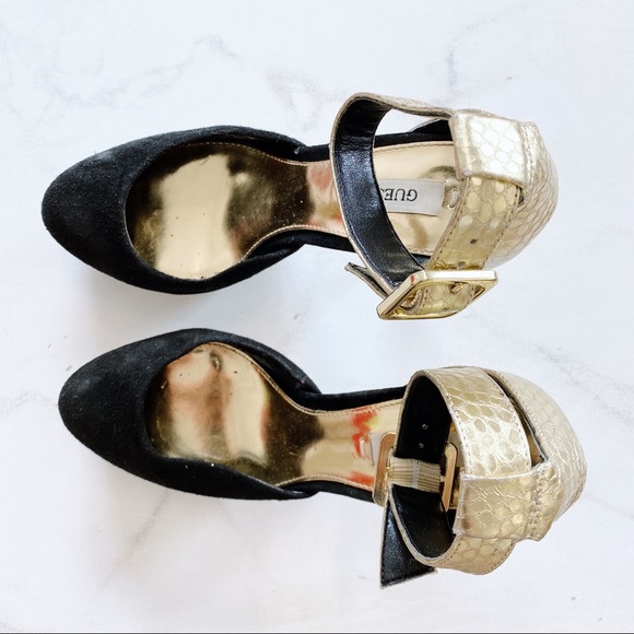 GUESS black gold suede leather snakeskin embossed platform heels - Picture 5 of 5